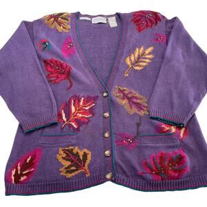 Vintage 90s Jantzen Classic Purple Autumn Leaf Knit Grandma Cardigan, Size L/XL